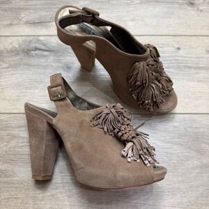 Reed Evins Suede Studded Fringe Slingback PeepToe Heels Boho Coastal Cowgirl 8.5